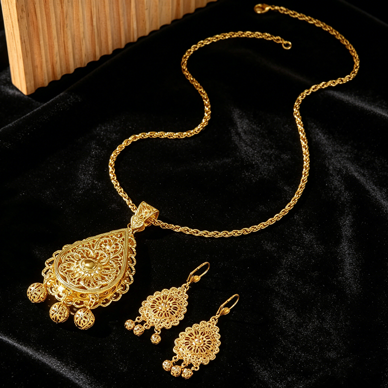 Layered Necklace Set - Plated Hollow Carved Set, Double-Layer Necklace