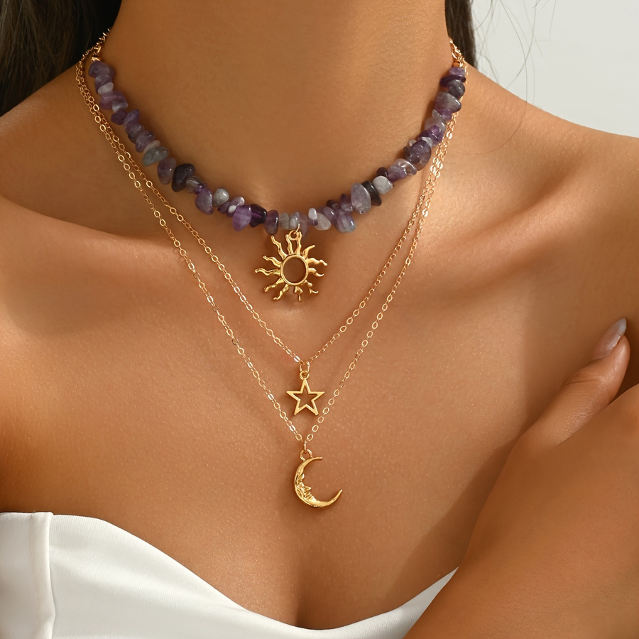 Layered Necklace Set - 2pcs Set Fashion Natural Stone Sun