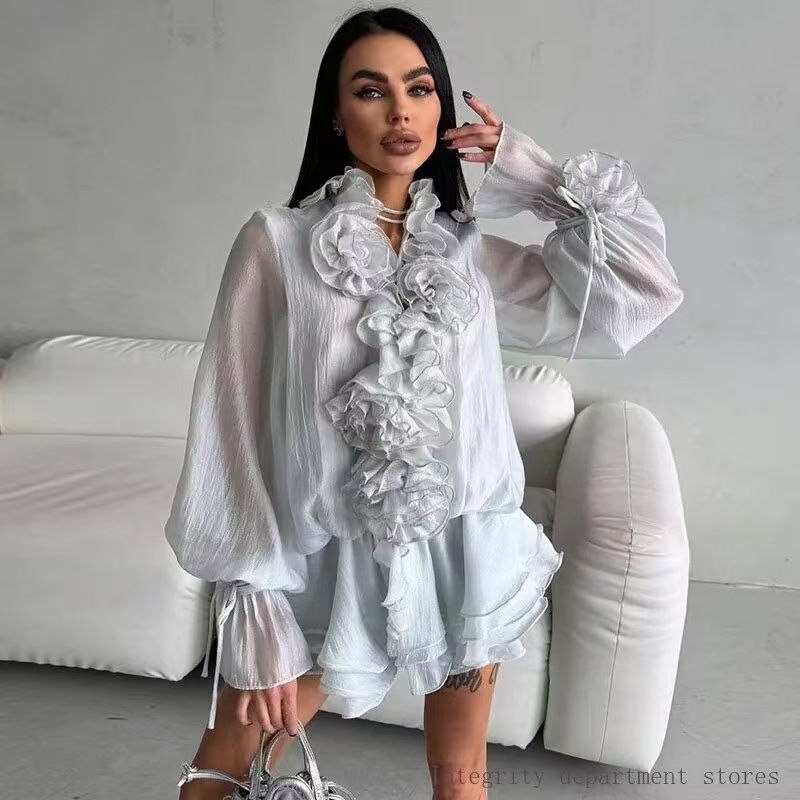Layered Necklace Set - Elegant Multi-Layer Ruffles Flower Dress Shorts