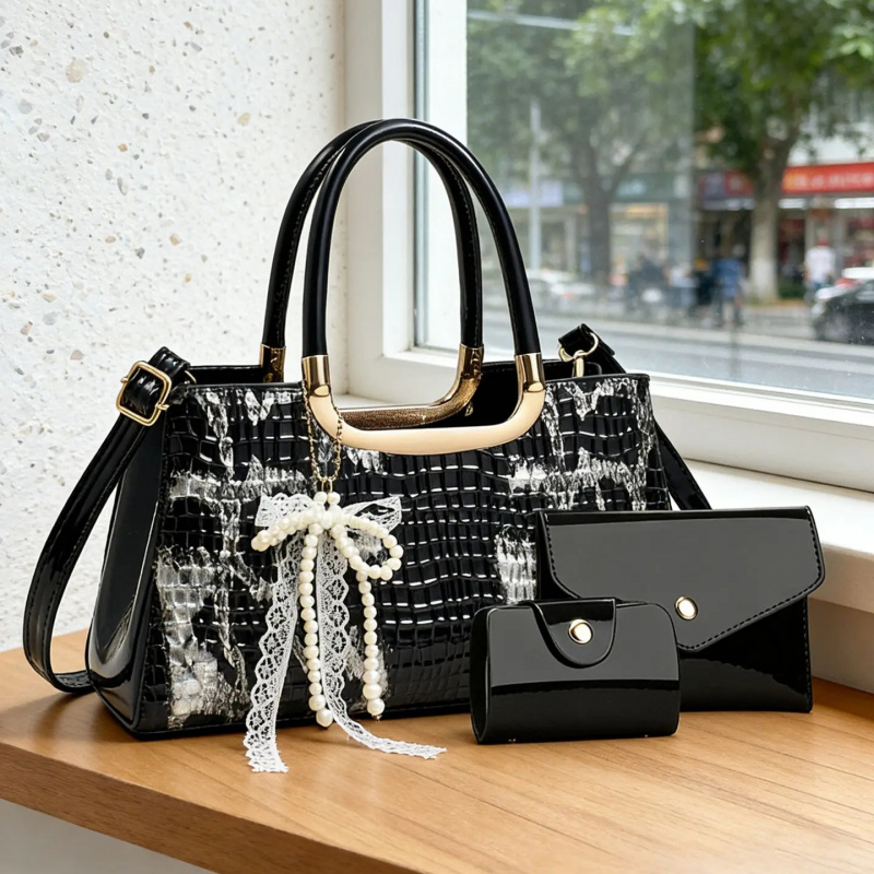 Women Accessories Gift Set - Women's Handbag Set, Crocodile Pattern Evening