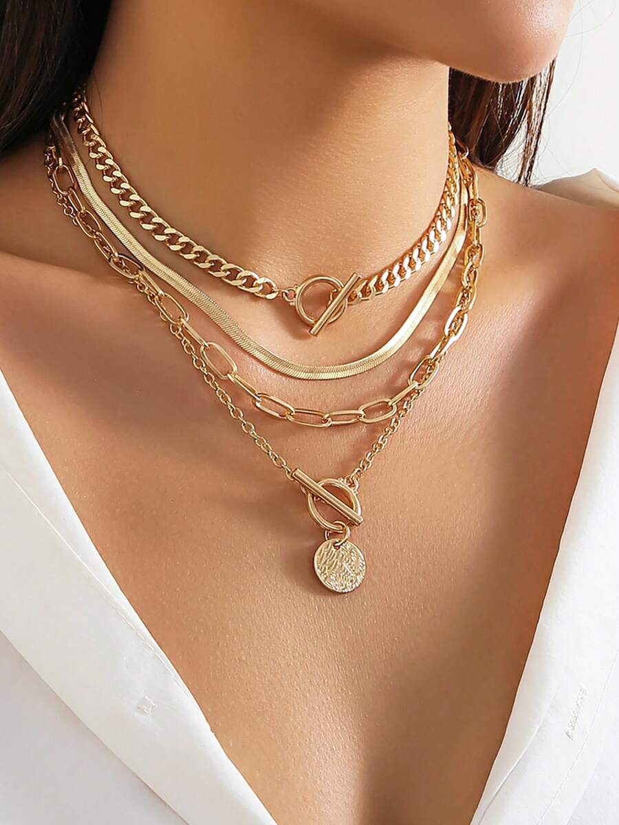 Layered Necklace Set - 4pcs/Set Vintage Simple Flat Snake Chain