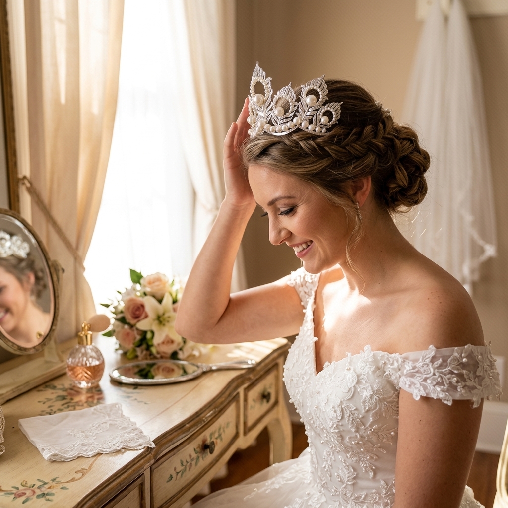 Women'S Vintage Accessories - Pearl Crown Headpiece With Peacock-Feather For